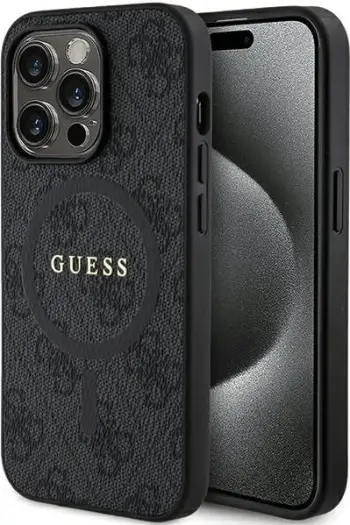 Mbështjellës Guess 4G Collection Leather Metal Logo MagSafe për iPhone 15 Pro 6.1, TPU/PC/eko-lëkurë, i zi