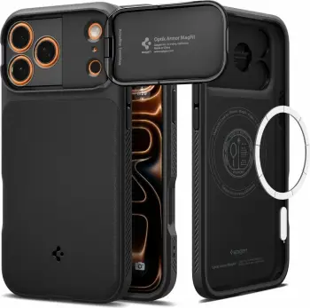 Mbështjellës MagSafe Spigen Optik Armor për iPhone 17 Pro Max me kapak rrëshqitës kamere TPU+PC i zi