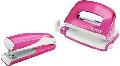 Set stapler dhe shpues letre Leitz WOW, mini, rozë metalike