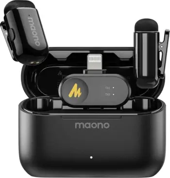 Mikrofon pa tel, Maono WM622 PB2, për iPhone/iPad (Lightning) MFi, reduktim zhurme AI 4 nivele, 48kHz/16bit, distancë 100 m, set me 2 transmetues, e zezë