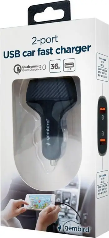 Karikues makine Gembird TA-U2QC3-CAR-01, 2x USB-A 3 A, i zi
