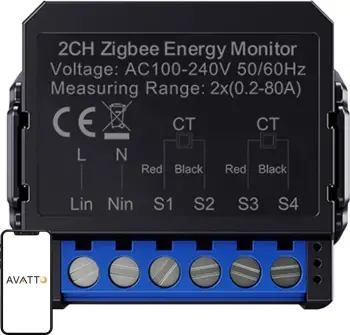 Matës energjie smart ZigBee, Avatto ZWPM16-2, dykanalësh 0.2-80 A, AC 100-240 V, ZigBee 3.0, Tuya/Smart Life, matje dykahëshe