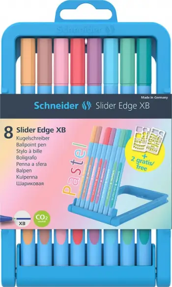 Set stilolapsa Schneider Slider Edge Pastel XB, majë 1.4 mm, 8 copë, trup blu i çelët, bojë me ngjyra të përziera