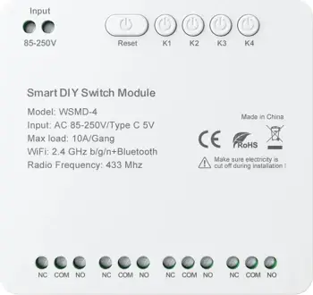Modul smart Switch DIY, Avatto WSMD-4, 4-kanales, 10A/kanal, Wi‑Fi 2.4GHz + Bluetooth + RF 433MHz, furnizim 85–250V AC ose 5V USB‑C