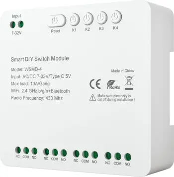 Switch i mençur DIY 4-kanalësh, Avatto, WSMD-4 32V, Wi‑Fi 2.4 GHz + Bluetooth, hyrje 7–32V AC/DC ose USB‑C 5V, RF 433 MHz