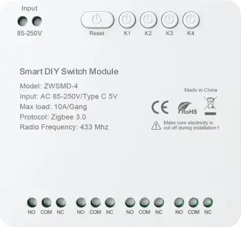 modul switch ZigBee me kontakt të thatë 4‑kanal Avatto ZWSMD-4-250V 10A/grup, Zigbee 3.0, RF 433 MHz, input AC 85–250V ose USB-C 5V