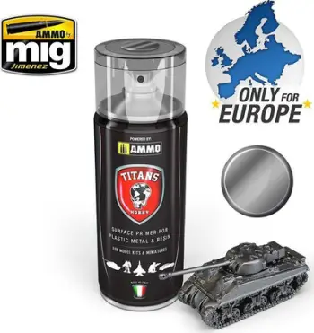 Sprej primer për modele Ammo by Mig Titans Hobby 117, 400ml, gun metal