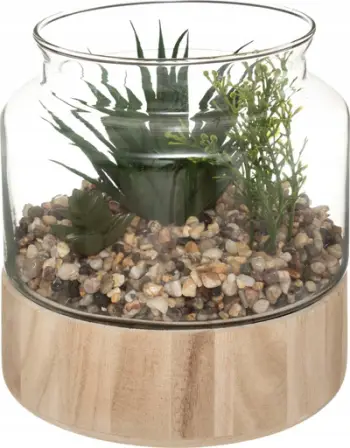 Terrarium dekorativ Atmosphera me bimë artificiale, 17.5 cm, tabaka druri, i gjelbër