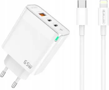 Karikues muri Jellico Fast Charger Quick 65W, 2x USB-C, USB-A, me kabllo Lightning për iPhone, i bardhë