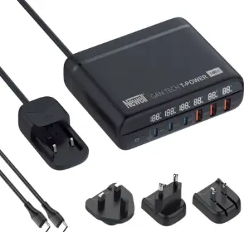 Karikues muri Newell GaN Tech T-power, 140W, 6 porte USB, me adapterë prizash