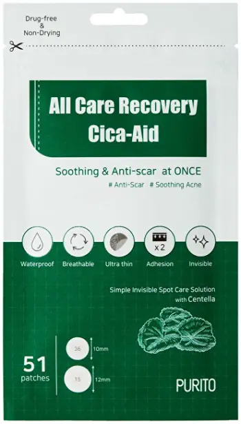 Peceta kundër akneve PURITO All Care Recovery Cica Aid Pimple Patches, 51 copë