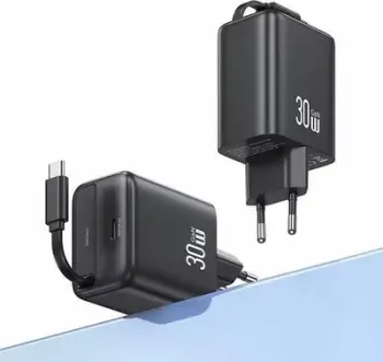 Karikues muri USAMS CC241, 30W GaN PD QC, USB C me kabllo të tërheqshme, i bardhë