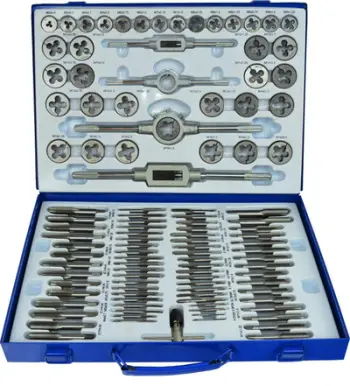 Set tapa dhe filiera GEKO, 110 pjesë, metrik, në kuti metalike