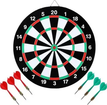 Set loje shigjetash, tabelë dyanshme 38 cm, 6 shigjeta çelik, bardh e zi