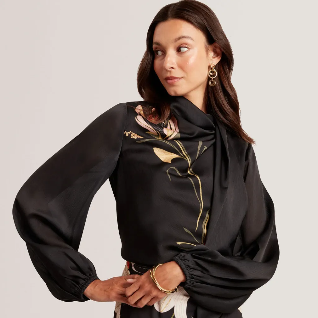 Bluzë Neck Tie Printed Long Sleeve Top - 1