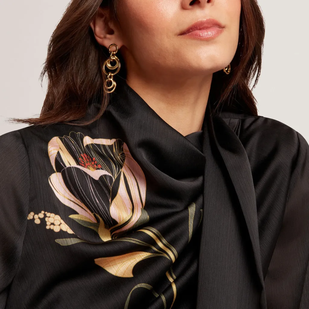 Bluzë Neck Tie Printed Long Sleeve Top - 4