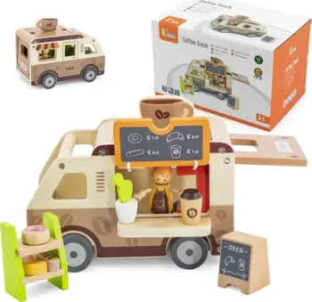 Set lojërash druri Viga Toys Coffee Caravan, karvan kafeje, shumëngjyrësh
