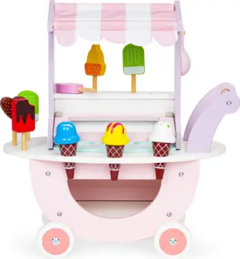 Karrocë lodër druri ECOTOYS Wooden Ice Cream Shop Cart, edukative, për fëmijë 3+, shumëngjyrëshe