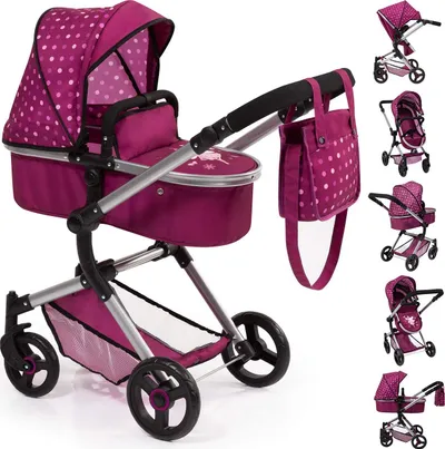 Karroce lodër për kukulla Bayer City Baby Doll Pram, dorezë e rregullueshme, e kuqe - 1