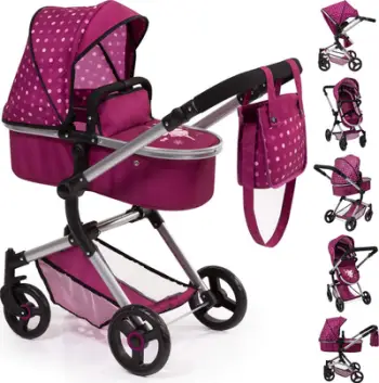 Karroce lodër për kukulla Bayer City Baby Doll Pram, dorezë e rregullueshme, e kuqe