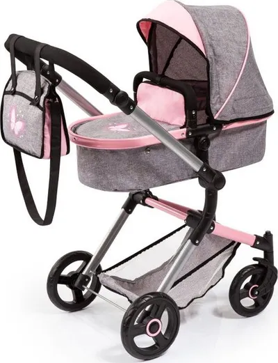 Karrocë lodër për kukulla Bayer City Baby Doll Pram, dorezë e rregullueshme, palosëse, gri - 1