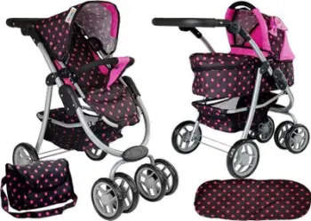 Karrocë lodër për kukulla Alice 2 in 1, alumini, për kukulla 40 cm, e zezë rozë