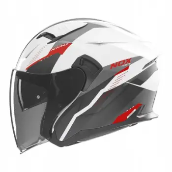 Helmeta moto Nox N130 Myst Open Jet, me mburojë dielli, madhësia XS, e bardhë e zezë e kuqe