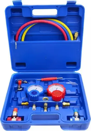 Set manifold ftohësish GEKO Refrigerant Changing Set, 2 drejtime, 2 manometra, shumëngjyrësh