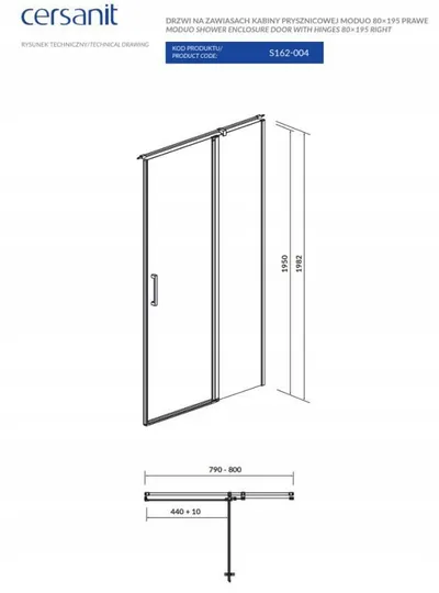 Dera dushi Cersanit Moduo, 80x195 cm, hapje djathtas, xham transparent - 5