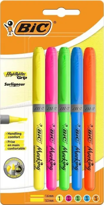Set markera Bic Highlighter Grip, 5 ngjyra fluoreshente, shumëngjyrëshe