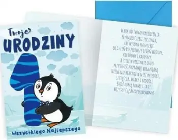 Karta urimi KUKARTKA B6 Birthday 1 little penguin, për ditëlindjen e parë, me zarf, shumëngjyrëshe