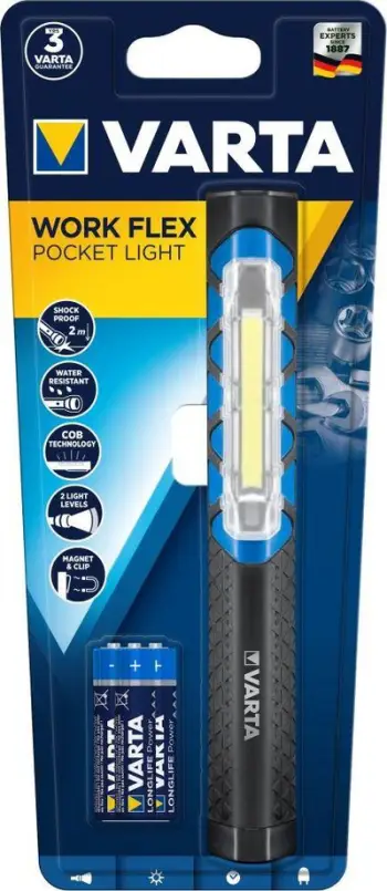 Drita dore Varta Work Flex Pocket Light, 2 mënyra ndriçimi, rezistente ndaj ujit, gri