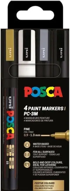 Set markera POSCA PC-3M, 4 copë, ngjyra të përziera, ari argjend e bardhë e zezë