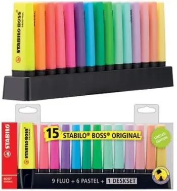 Set markerash fluoreshentë Maped Highlighter Boss STABILO, 15 ngjyra, për zyre dhe studim