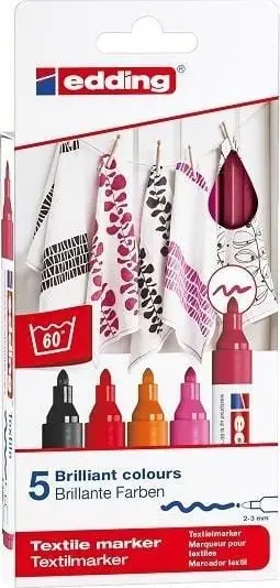 Set markerë tekstil Edding 4500, 5 copë, majë e rrumbullakët 2-3 mm, i përzier me ngjyra