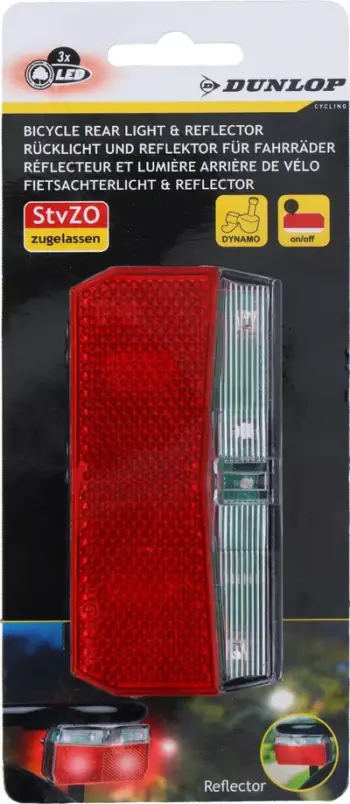 Dritë e pasme biçiklete Dunlop LED, me reflektor, për dinamo, e zezë