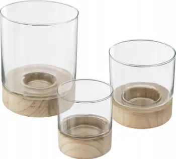Set mbajtëse qiri Atmosphera, xham me bazë druri, 3 copa, transparent
