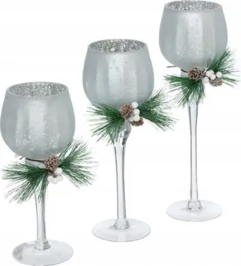 Set mbajtëse qirinjsh qelqi me degë festive, 3 pjesë, transparente