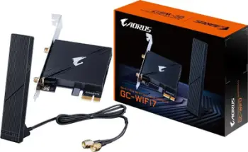 Kartelë rrjeti Wi‑Fi 7 + Bluetooth PCIe GIGABYTE GC-WIFI7, Tri-Band 2.4/5/6GHz, 5800Mbps, Bluetooth 5.3, PCIe x1, 2Tx2R me antena, e zezë