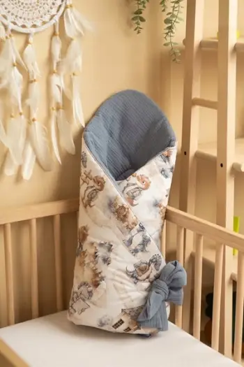 Mbështjellëse bebe Baby Nest Cone Muslin Dragons, 75x75 cm, blu jeans