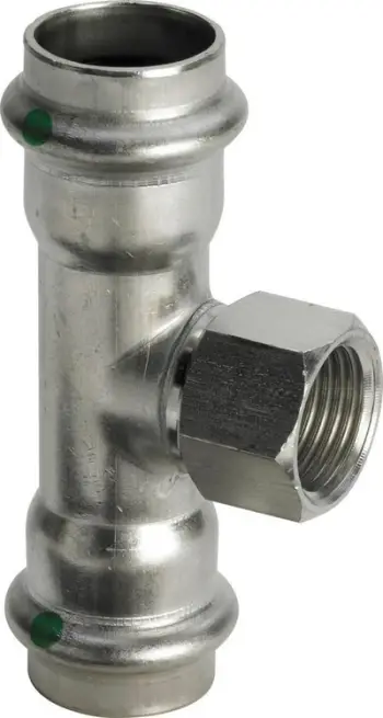 Pjesë T inoksi Viega Sanpress, 18mm x 34mm x 18mm, çelik inox