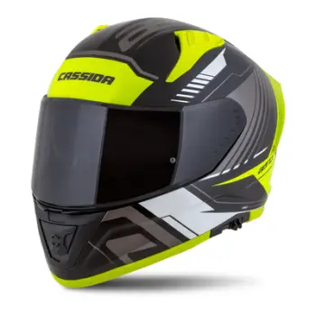 Helmetë moto CASSIDA Aero Drome, integrale, ECE 22.06, e zezë e verdhë fluo e bardhë gri