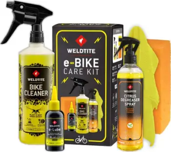 Set mirëmbajtjeje për biçikletë elektrike Weldtite E-Bike Care Kit, solucion pastrimi, sprej çyndyrësues, lubrifikant zinxhiri