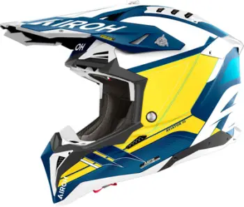 Helmetë motocross Airoh Aviator 3 Saber, HPC Carbon, madhësia XL, blu mat e bardhë e verdhë