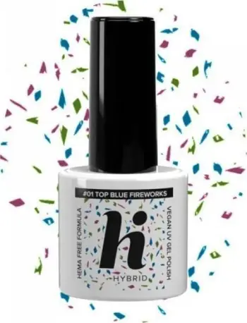 Top Coat xheli Hi Hybrid Hema Free No Wipe, efekt fishekzjarr, #01 Blue Fireworks