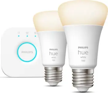 Set ndriçimi smart Philips Hue Starter Kit, Bridge, 2 llamba E27 9.5W, dritë e bardhë e ngrohtë