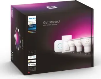 Set ndriçimi smart Philips Hue Starter Kit, Bridge, 3 llamba GU10 RGBW 4.3W, çelës dimmer, shumëngjyrëshe