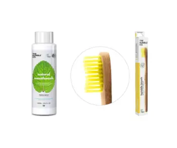 Set nga The Humble Co. - Ujë pastrues për gojë Fresh Mint 500 ml + Brushë me fije të buta bambu, të verdha, për të rritur