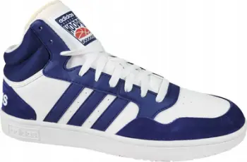 Atlete Adidas Hoops 3.0 Mid M IG1432, lëkurë sintetike, taban gome, të bardha me blu të errët