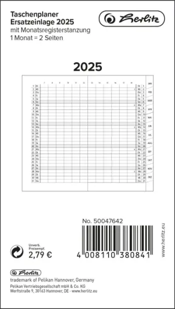 Refill agjende Herlitz Slimline 2025, 1 muaj 2 faqe, prerje indeks, gjermanisht